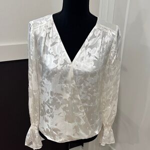 White House Black Market Ivory Satin Floral Wrap Blouse